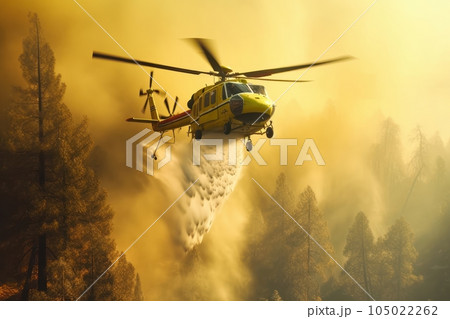 A rescue helicopter extinguishes a forest fire by dropping a large amount of water on a burning coniferous forest. Saving forests, fighting forest fires. Aerial view. 3D rendering. A rescue helicopter extinguishes a forest fire by dropping a large amount of water on a burning coniferous forest. Saving forests, fighting forest fires. Aerial view. 3D rendering. 105022262