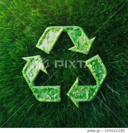Transparent plastic recycling symbol on fresh green grass. Ecological interaction and waste recycling priority. Environmental sustainable development concept. Top view. Mockup, 3D rendering. 105022280