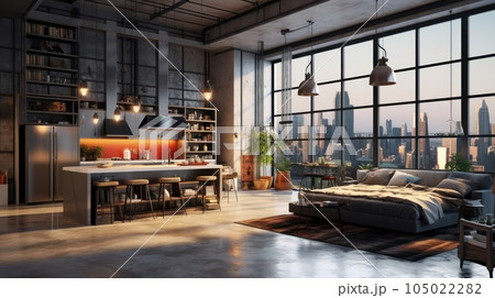 Luxury studio apartment with a free layout in a loft style in dark colors. Stylish modern kitchen area with island, cozy bedroom area, floor-to-ceiling window with stunning city view. 3D rendering. 105022282