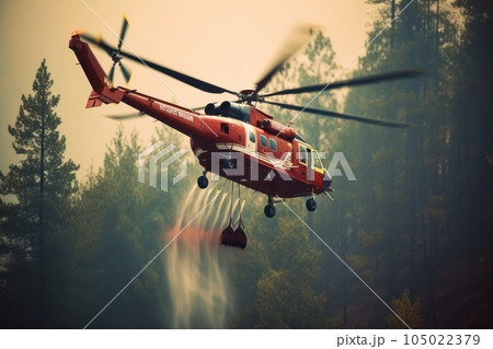 A rescue helicopter extinguishes a forest fire by dropping a large amount of water on a burning coniferous forest. Saving forests, fighting forest fires. Aerial view. 3D rendering. 105022379