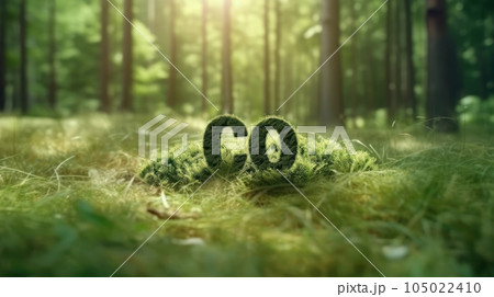 CO2 symbol on green grass in a forest. Lower carbon footprints to limit global warming and climate change. Sustainable development and business based on renewable energy. Reduce CO2 emission concept. CO2 symbol on green grass in a forest. Lower carbon footprints to limit global warming and climate change. Sustainable development and business based on renewable energy. Reduce CO2 emission concept. 105022410