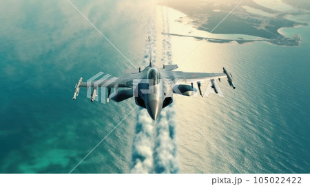 F-16 air force fighter flying over the sea coast, beautiful sky over horizon. Jet military aircraft patrols territory, makes a training flight. Close up aerial view. 3D rendering. 105022422