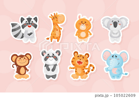 Cute Zoo Animal with Happy Muzzle Vector Sticker Set Cute Zoo Animal with Happy Muzzle Vector Sticker Set 105022609