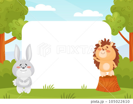 Funny Hedgehog and Bunny Forest Animal at Empty Card Vector Template 105022610