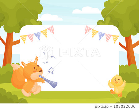 Cute Animal Parade with Chick and Squirrel Play Flute Note Frame Vector Template 105022636