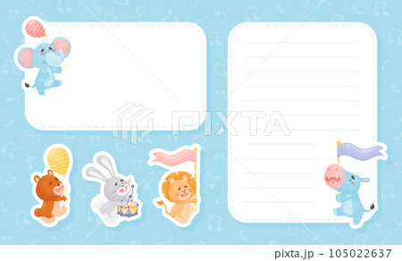 Cute Animal Parade with Flag and Balloon Note Frame Vector Template 105022637