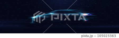 Abstract futuristic speeding sports car. Automotive banner. Low polygons, triangles, wireframes, and particle style. Vector illustration 105023363