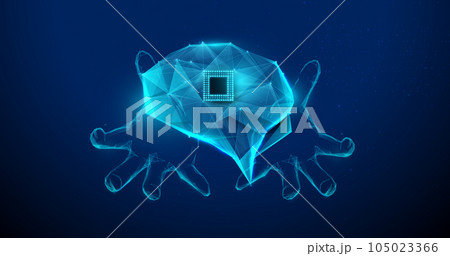 Human brain with AI chip holding on hands. Artificial intelligence. Futuristic cyber technology. Low polygons, triangles, wireframes, and particle style. Vector illustration Human brain with AI chip holding on hands. Artificial intelligence. Futuristic cyber technology. Low polygons, triangles, wireframes, and particle style. Vector illustration 105023366