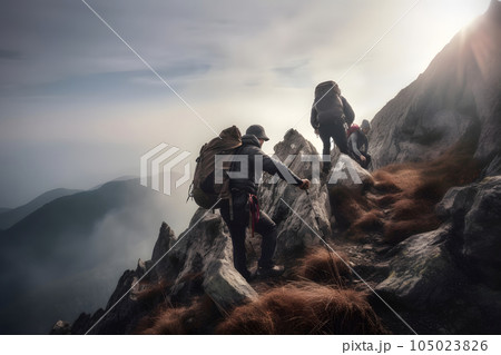 Hikers climbing on mountain. Help, risk and support concept. Neural network generated picture Hikers climbing on mountain. Help, risk and support concept. Neural network generated picture 105023826