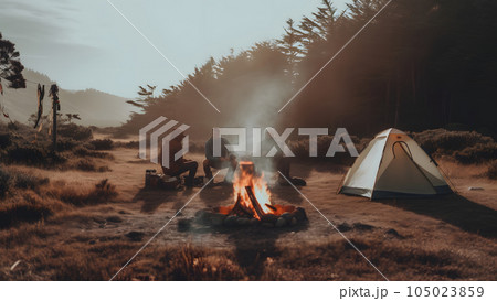 three tourists sitting near campfire and tent at autumnal morning on campground, neural network generated picture 105023859