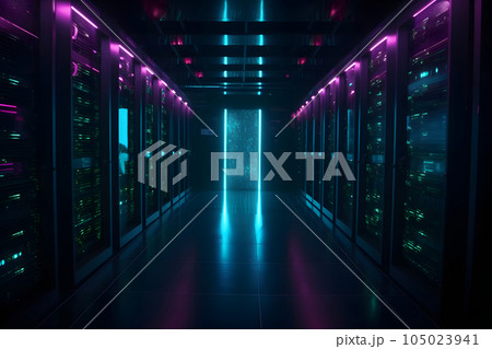 data center with multiple rows of fully operational servers in cyan-purple colors, neural network generated image 105023941