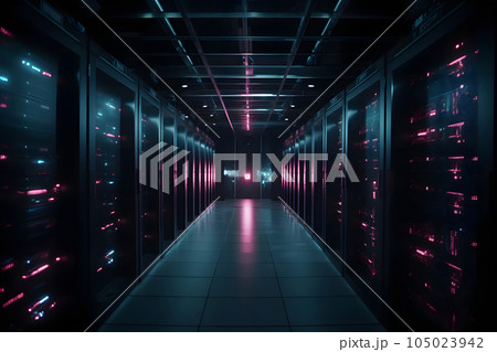 data center with multiple rows of fully operational servers in cyan-purple colors, neural network generated image 105023942