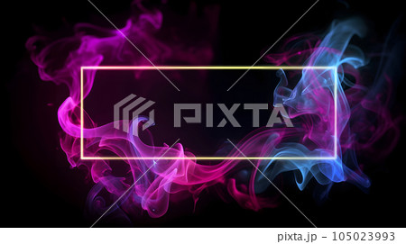 empty frame on black background with neon lights and purple fumes, neural network generated image 105023993