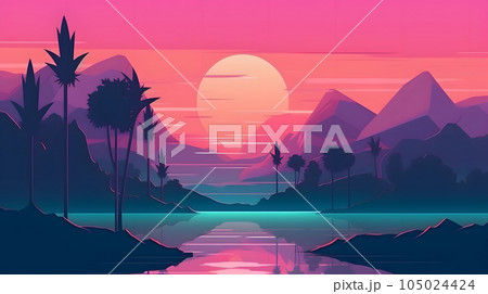 generic low-fi synthvawe gradient sunset landscape in neon colors, neural network generated image 105024424