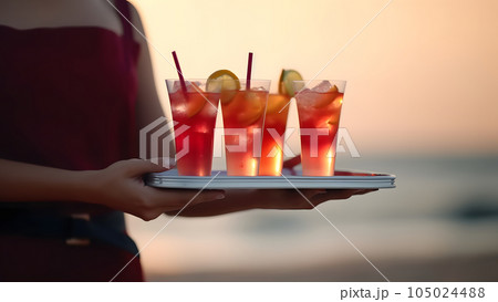 midsection of waitress carrying cocktails on summer sandy beach at day light, neural network generated image 105024488