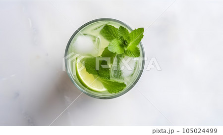 Top view of refreshing mint cocktail mojito in a glass on white background with lime, mint leaves and ice, neural network generated image Top view of refreshing mint cocktail mojito in a glass on white background with lime, mint leaves and ice, neural network generated image 105024499