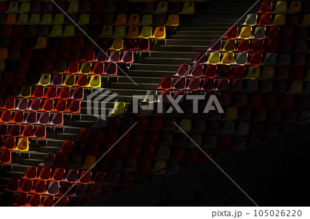 Rows Of Seats At Empty Open Air Stadium 105026220