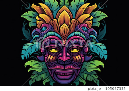 Illustration of a tropical Tiki mask. Symbol of a wild tribe in the jungle. Generative AI 105027335
