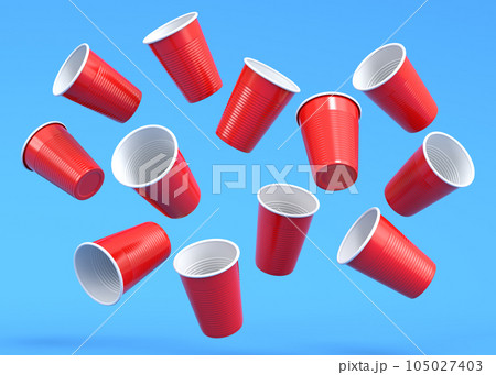 Set of pastic disposable party cup for juice, fresh, beer on blue background. 105027403