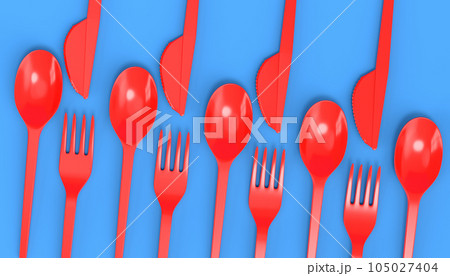 Set of disposable utensils like spoon, fork and knife on blue background. 105027404