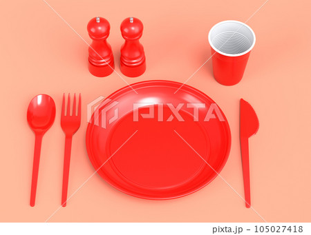 Set of disposable utensils like plate, folk, spoon,knife, cup and pepper mill 105027418