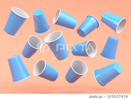 Set of pastic disposable party cup for juice, fresh, beer on orange 105027419