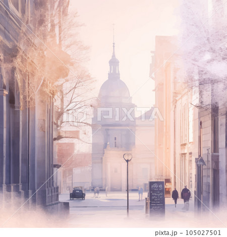 洋風の建物のある街並みの水彩イラスト Generative AI 105027501