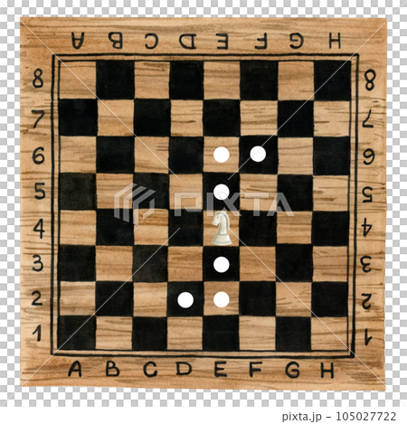 White knight chess piece movement scheme on wooden board watercolor illustration isolated on white background. Hand drawn brown and black desk with for Chess clubs and manuals White knight chess piece movement scheme on wooden board watercolor illustration isolated on white background. Hand drawn brown and black desk with for Chess clubs and manuals 105027722
