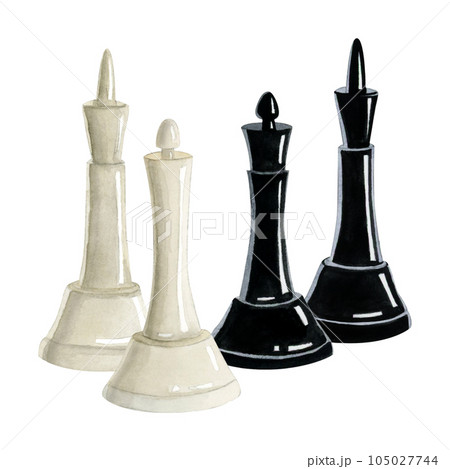 Watercolor chess king and queen black and white pieces illustration isolated on white background. Realistic group of figures for Chess day and intellectual games clubs 105027744