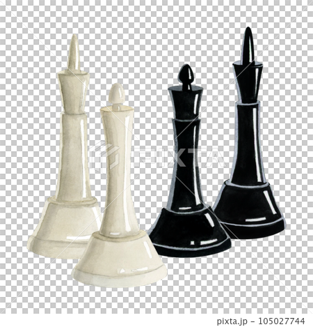 Watercolor chess king and queen black and white pieces illustration isolated on white background. Realistic group of figures for Chess day and intellectual games clubs 105027744
