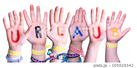 Children Hands Building Word Urlaub Means Vacation, Isolated Background 105028342