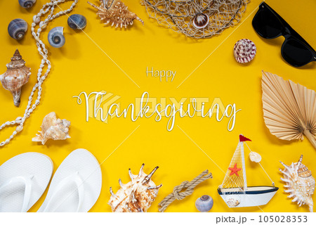 Yellow Summer Flat Lay With Accessories, Text Happy Thanksgiving Yellow Summer Flat Lay With Accessories, Text Happy Thanksgiving 105028353