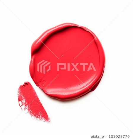 Beauty swatch and cosmetic texture, circle round red lipstick sample isolated on white background, paraffin wax sealing stamp, generative ai 105028770