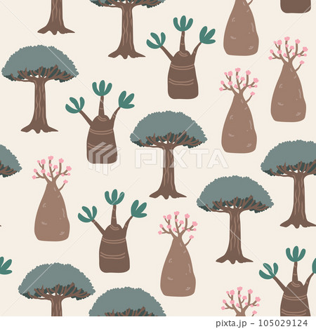 Dragon adenium obesum and blood dragon tree seamless pattern. Socotra island landscape background, vector illustration. 105029124