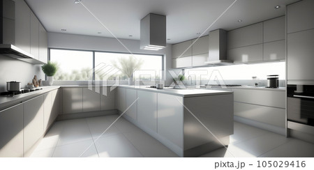 Modern interior of a large kitchen with modular furniture in white color Modern interior of a large kitchen with modular furniture in white color 105029416