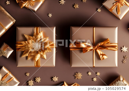Gift or present box and flower gypsophila on table top view. Greeting card. Flat lay style with copy 105029574