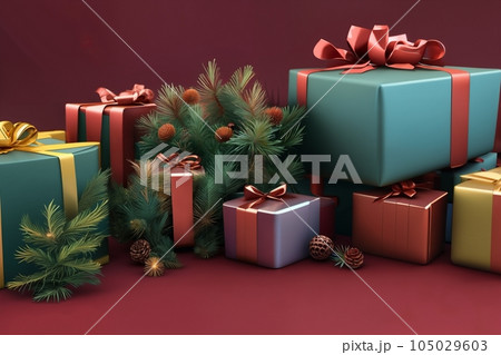 festive Christmas gifts 3d-illustration wrapped packages 105029603