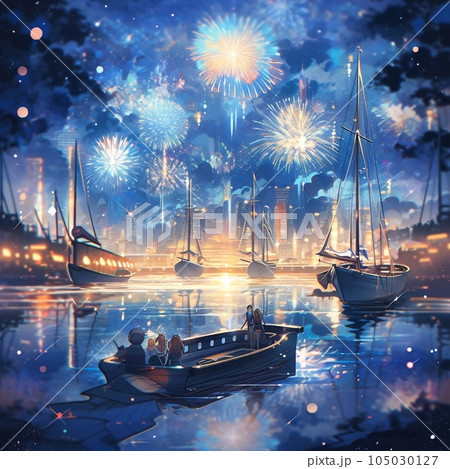 シーグラスアート『夏祭り～夜空に咲く花火‧⁺ ⊹˚.～』 夏の夜と花火 | summer nights and fireworks Generative AIの