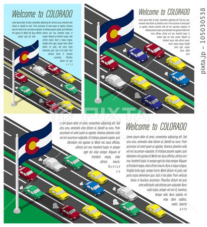 Isometric flag of US state of Colorado on flagpole fluttering in wind. Crossing of Colorado border by car travels. Information horizontal, square and vertical vector banner, templates for printing Isometric flag of US state of Colorado on flagpole fluttering in wind. Crossing of Colorado border by car travels. Information horizontal, square and vertical vector banner, templates for printing 105030538