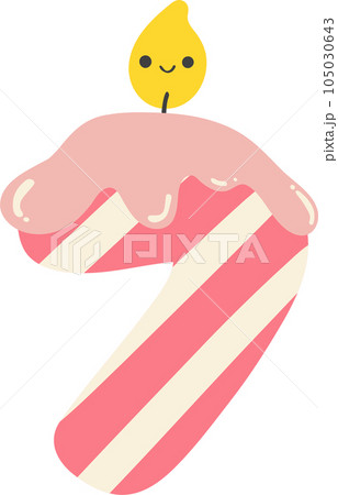 A cartoon number 7 birthday candle with a pink and white striped design. This cheerful and festive image is perfect for any birthday celebration. 105030643