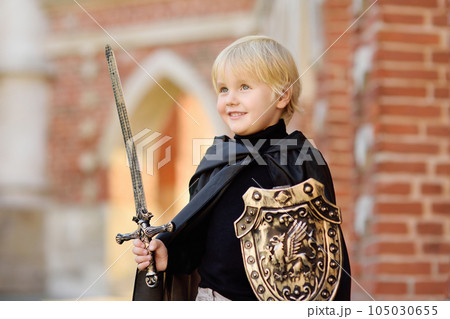Portrait of a cute little boy dressed as a medieval knight 105030655