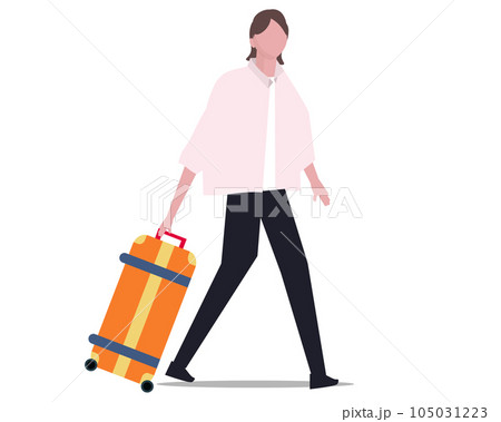 キャリケースを運ぶ旅行中の女性。観光、旅行、スーツケース、出張。ベクターイラスト 105031223