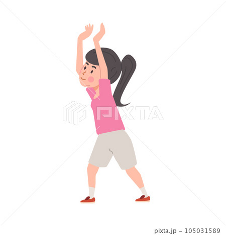 Cartoon girl volleyball player in pink sportswear raised hands up to hit the ball, play sport game vector illustration 105031589
