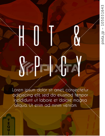 Traditional mexican food, vector poster with cartoon Hot and spicy Mexican, Latin American cuisine design for menu cover 105031643