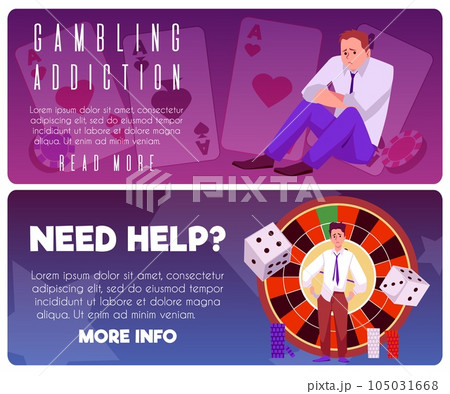 Frustrated player who lost everything stands in front of casino roulette, dice and chip vector anti-advertising gambling 105031668
