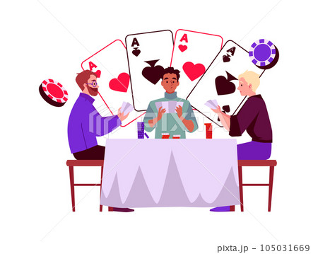 Men play poker, gambling card game for chips, cartoon risky characters vector illustration with aces of different suits 105031669