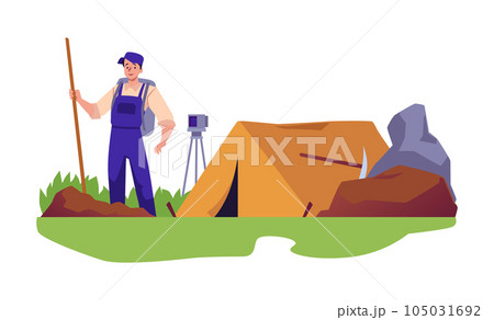 Geological expedition, man geologist with shovel stands near tent and measuring instrument, cartoon vector illustration Geological expedition, man geologist with shovel stands near tent and measuring instrument, cartoon vector illustration 105031692