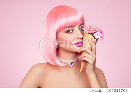 Beauty model portrait with pink hair 105031708