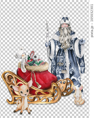 Watercolor illustration of Santa Claus with Christmas stick in blue coat with white ornament and baby animals.Merry christmas and happy new year. 105032301