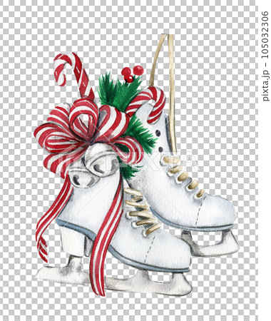 Christmas skates . Watercolor hand drawn illustration for invitations, greeting cards, prints, packaging and more. Merry christmas and happy new year. 105032306